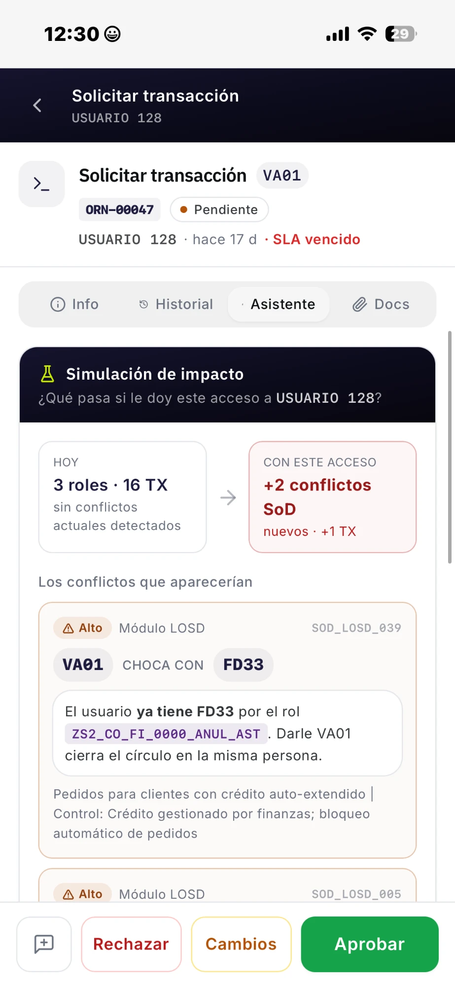 Aprobación desde el celular en ORION: simulación de impacto y aprobar con un tap